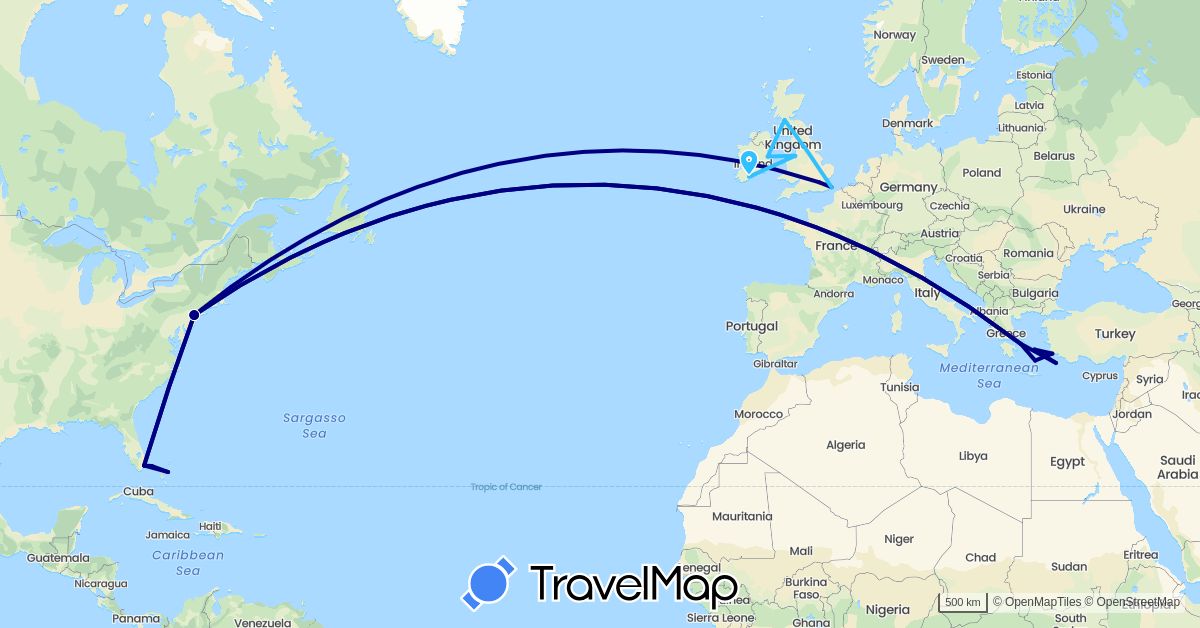 TravelMap itinerary: driving, boat in Bahamas, United Kingdom, Greece, Ireland, Turkey, United States (Asia, Europe, North America)